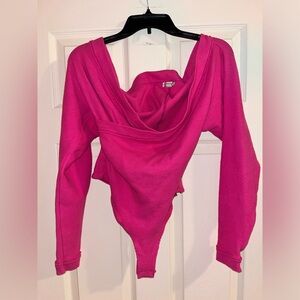 Free People Intimately Women's Hot Pink Long Sleeve Waffle Knit Bodysuit